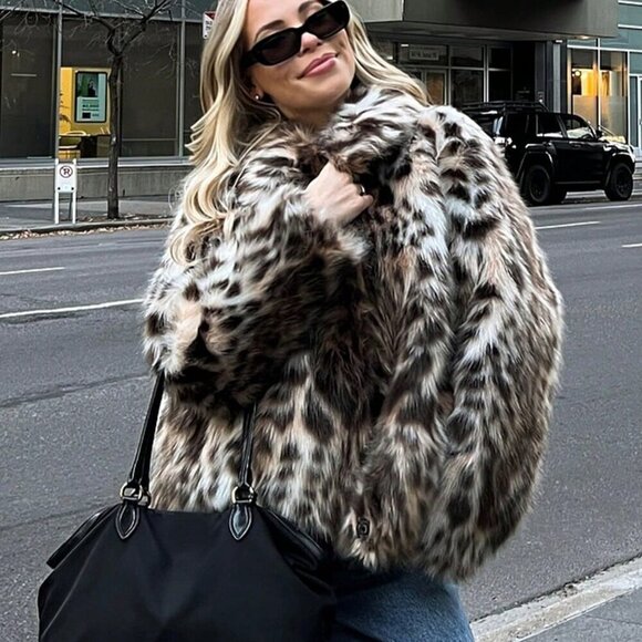 Brown Women's Elegant Leopard Print Faux fur  Side Pockets Coat - Picture 3 of 9